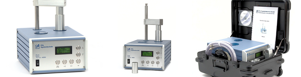 The Pour Point Tester PPT 45150 of PSL Systemtechnik, Germany measures according the rotational method, ASTM D 5985 with an accuracy of 0.1 °K. The laboratory device is ideal for oils, The laboratory instrument is ideal for crude oils, accompanies you safely to any branch or directly into the field.